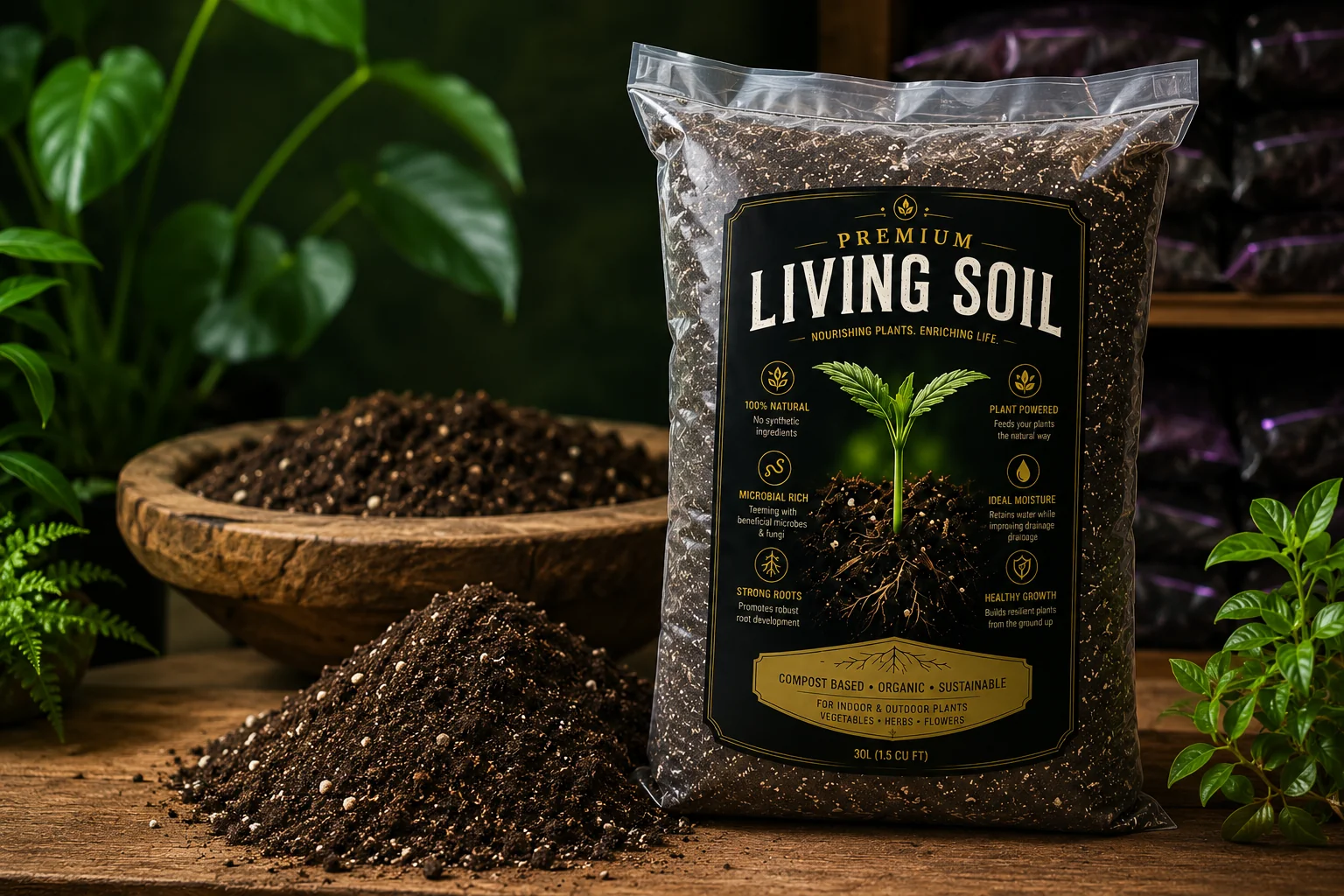 Dark rich soil texture close-up showing quality of living soil medium